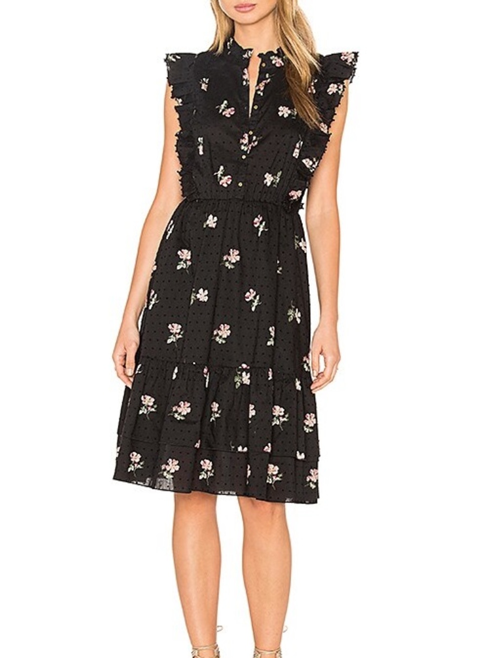 Ulla Johnson Estelle Black Floral Ruffle-Trim Dress SZ 4 **FLAWS**